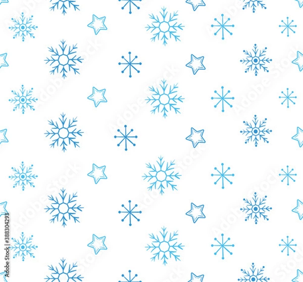 Fototapeta Christmas seamless pattern with blue snowflakes on white background, vector
