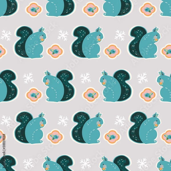 Fototapeta Vector cute geometric winter squirrel kawaii pattern. Seamless scandinavian style design with stylized squirrel and berry on neutral grey background. Perfect for fabric, nursery and home decor.