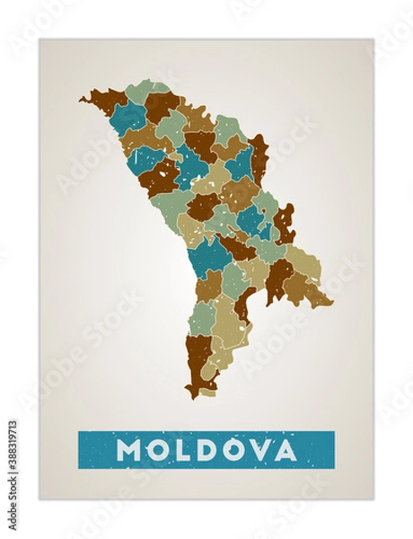 Fototapeta Moldova map. Country poster with regions. Old grunge texture. Shape of Moldova with country name. Neat vector illustration.