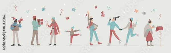 Obraz Happy people enjoy Christmas time vector illustration set. Cartoon active characters celebrate winter holidays with xmas gifts, sparklers and Christmas decorations, skate on ice rink background