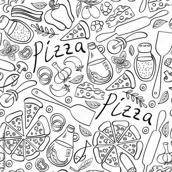 Fototapeta Pizza doodles seamless pattern. Black fastfood icons on white background. Vector illustration.