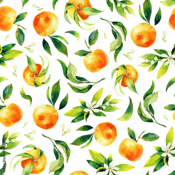 Fototapeta Seamless watercolour citrus fruits and leaves pattern. Green leaves and orange fruits on white background. Seamless mandarin and oranges watercolour illustration