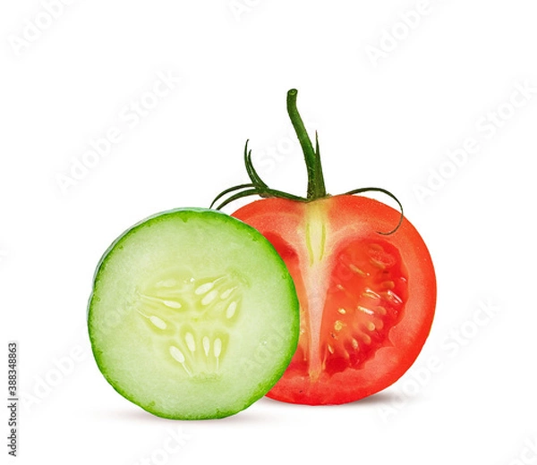 Fototapeta slice of fresh green cucumber and tomato on a white background