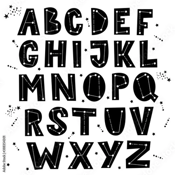 Fototapeta Celestial themed alphabet. Constellation concept letter set. Star ABC poster. Vector illustration.