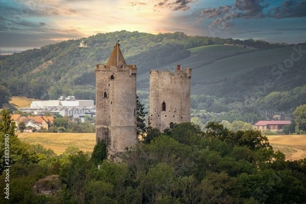 Fototapeta Panorama ruin zamku Rudelsburg i Saaleck w krajobrazie i obszarze turystycznym Dolina Saale nad rzeką Saale w pobliżu światowego dziedzictwa kulturowego miasto Naumburg, Saksonia Anhalt, Niemcy