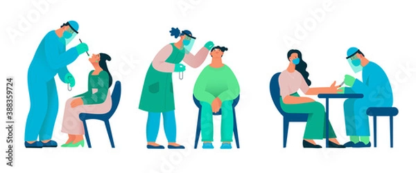 Obraz Group of Healthcare workers with protective equipment performs coronavirus swabs on Caucasian people. Nose swab probe, buccal swab probe and blood sampling from a finger. Coronavirus testing. Flat car