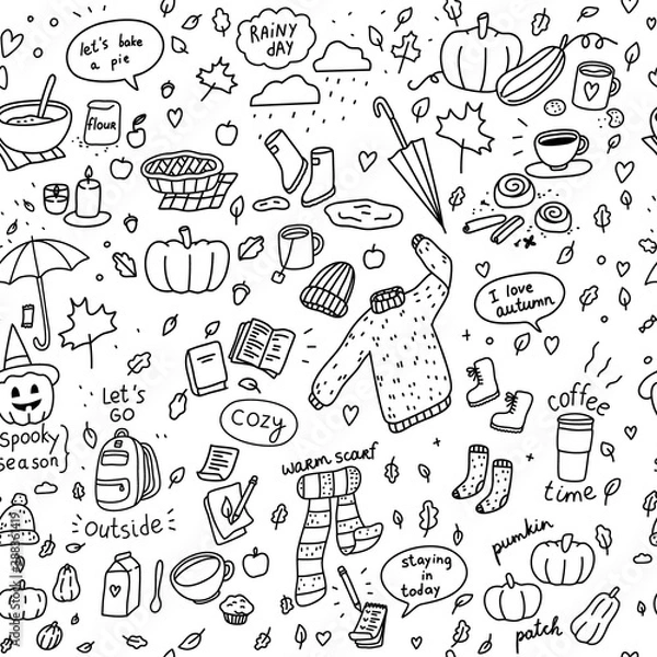 Fototapeta Seamless autumn line art hand drawn doodle pattern with isolated elements