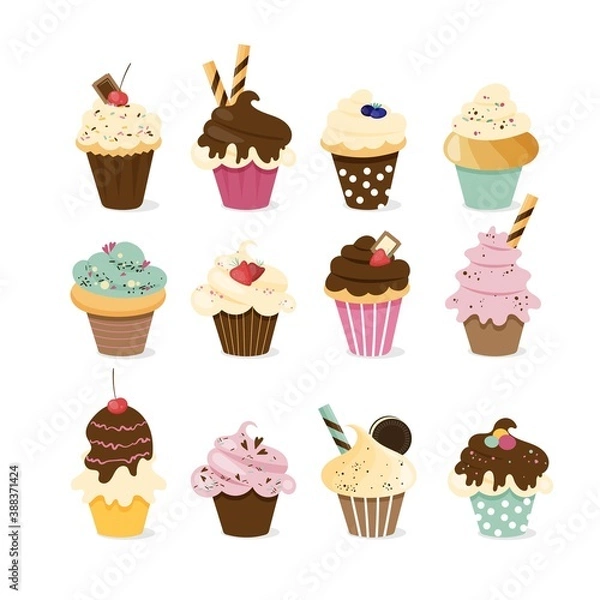 Fototapeta Set with colorful cupcakes decorated with berries, cookies, cream, chocolate, wafer tube.