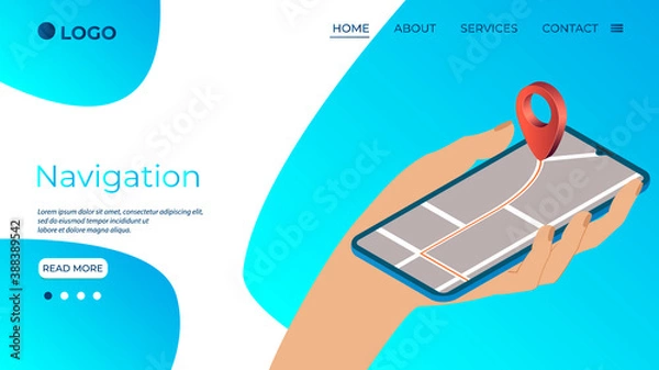 Fototapeta Navigation.Hand holding a smartphone with a GPS Navigator.City map with a large dot marker.Determining the exact location in space.Isometric vector illustration.