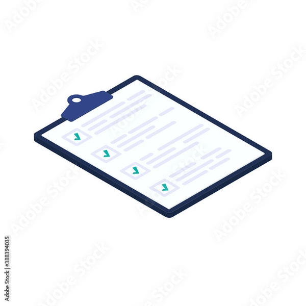 Fototapeta Isometric checklist vector illustration. Pad with sheets of paper and a list of tasks with checkboxes that are checked with a green check mark. Vector illustration form application
