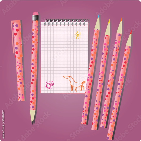 Obraz pen, pencil and notepad