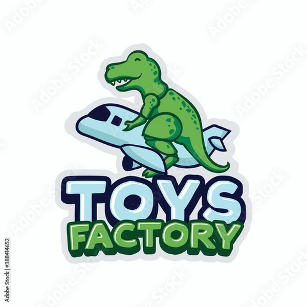 Fototapeta Colorful T-rex dinosaur toy riding airplane, mascot design character logo template 
