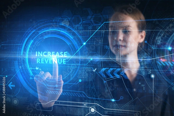 Fototapeta Business, technology, internet and network concept. Young businessman thinks over the steps for successful growth: Increase revenue