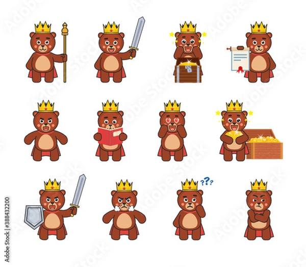 Fototapeta Set of bear king characters showing various actions. Chibi bear king reading book, holding scroll, sword, thinking and showing other actions. Vector illustration