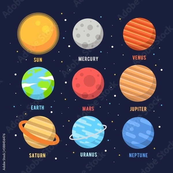 Fototapeta Vector Planet icon set of solar system planets on dark space background. mercury, venus, earth, mars, jupiter, saturn, uranus, neptune, moon, stars and sun.