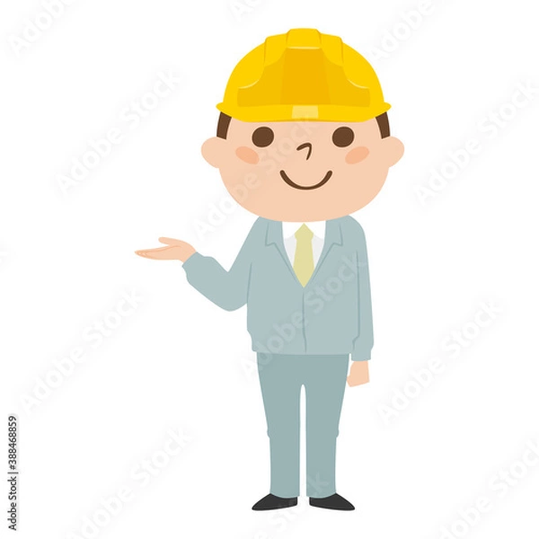 Obraz 男性の建設業者のイラスト。作業着とヘルメットを着用してる若い男性が手で案内してるイラスト。