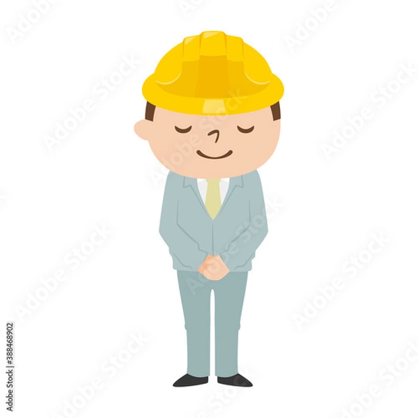 Fototapeta 男性の建設業者のイラスト。作業着とヘルメットを着用して、礼儀正しくおじぎしてる若い男性。