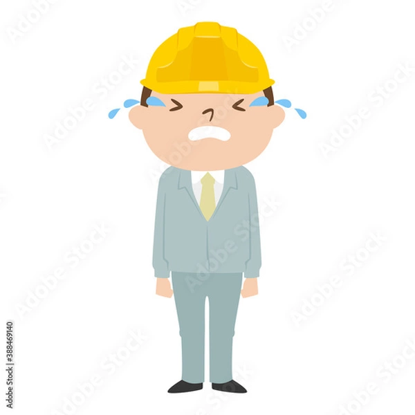 Fototapeta 男性の建設業者のイラスト。作業着とヘルメットを着用してる若い男性。涙を流して泣いてる男性。