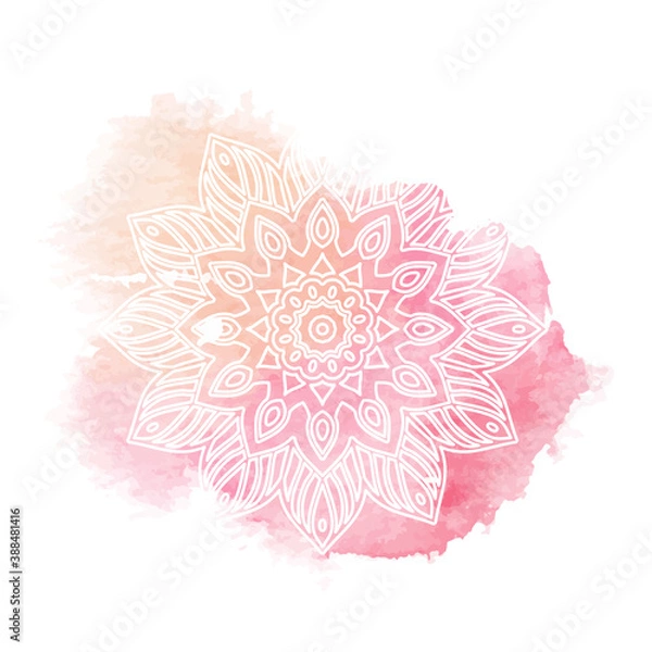 Fototapeta Round white mandala isolated on colorful background. Mandala on top of watercolor blotch. Beautiful pattern.