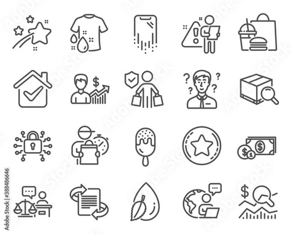 Fototapeta Business icons set. Included icon as Dollar money, Business growth, Loyalty star signs. Support consultant, Wash t-shirt, Marketing symbols. Search package, Ice cream, Check investment. Vector