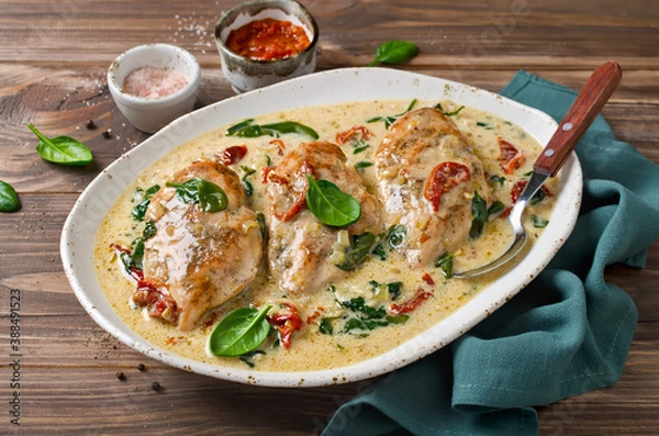 Fototapeta Chicken fillet with spinach and sun-dried tomatoes in coconut milk