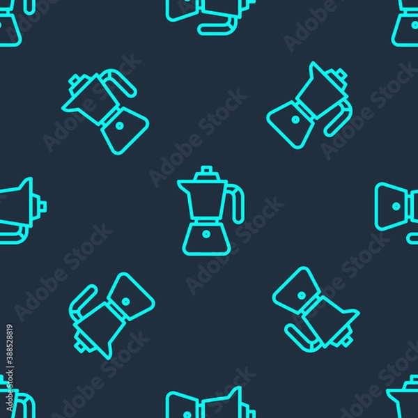 Fototapeta Green line Coffee maker moca pot icon isolated seamless pattern on blue background. Vector.