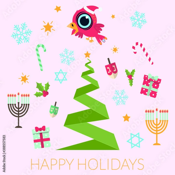 Fototapeta Vector Happy Holidays Greeting card for Christmas and Hanukkah.