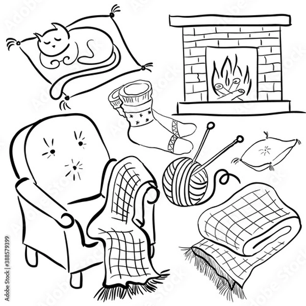 Fototapeta Hand drawn set with armchair, fireplace, cat on a pillow, socks isolated on white background. Cozy and warm vector illustration.