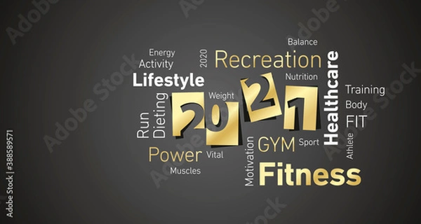 Fototapeta Fitness nowy rok 2021 lśniące złoto białe słowo chmura czarna deska tło