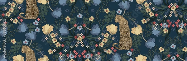 Obraz Leopard with flowers and leaves in vintage style, seamless pattern.