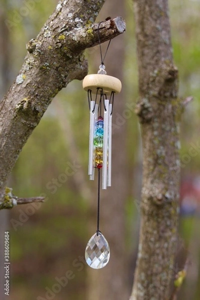 Obraz wind chime with chakra stones hangs from tree