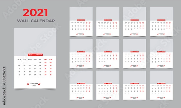 Fototapeta 2021 wall calendar design. Set of 12 months. Week starts Monday.Ready for print.