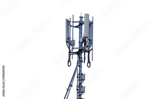 Fototapeta Telecommunication tower of 4G and 5G cellular. Base Station or Base Transceiver Station. Wireless Communication Antenna Transmitter. Telecommunication tower with antennas isolated on white background.