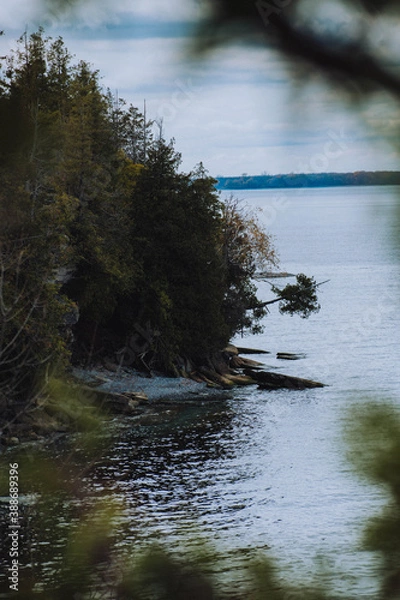 Fototapeta sheer cliff edge with trees and water around