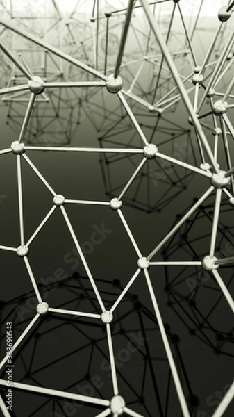 Fototapeta many chrome-plated polygonal figures from atomic lattices. abstract background. 3d render illustration