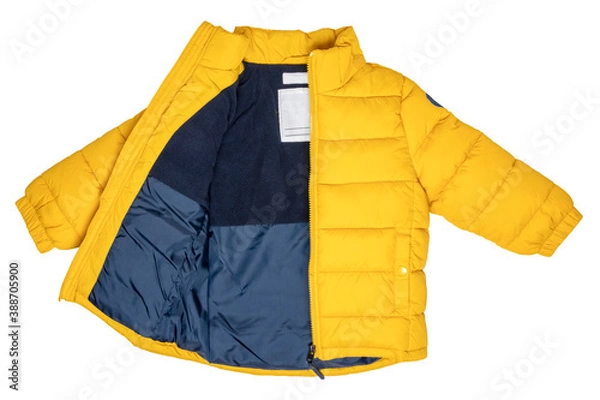 Fototapeta Winter jackets for children. Stylish, yellow, warm down jacket for children with removable hood, isolated on a white background. Winter fashion.