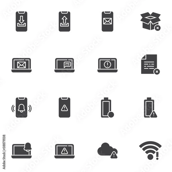 Fototapeta Notification vector icons set, modern solid symbol collection, filled style pictogram pack. Signs, logo illustration. Set includes icons as mobile phone notice, alarm clock, wifi signal, laptop screen