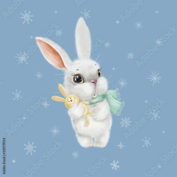 Fototapeta cute bunny in a scarf with a toy hare in its paw