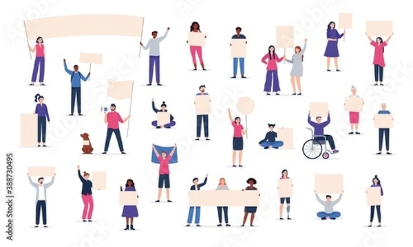 Fototapeta A big crowd of protesting people holding placards. Political active people taking part in a rally, protest. Strikes, protest around the world. Vector flat illustration. 