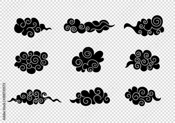Fototapeta Vector Set of Oriental Clouds, Black and White, Illustrations Isolated on Light Background.