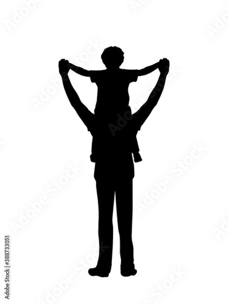 Fototapeta Silhouette father standing with his son on his shoulders from back