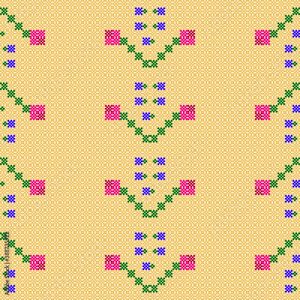 Obraz Flower folk print on cross-stich effect pattern and seamless vector