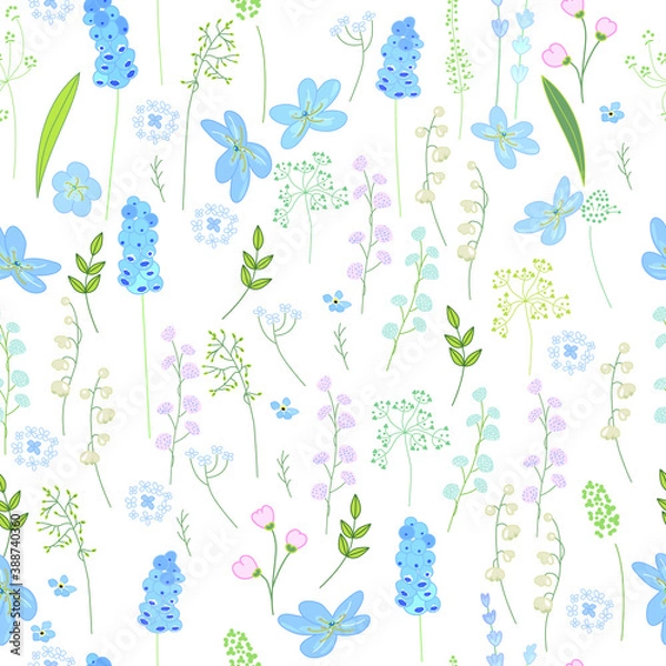 Obraz Seamless pattern with spring blue flowers. Easter endless texture
