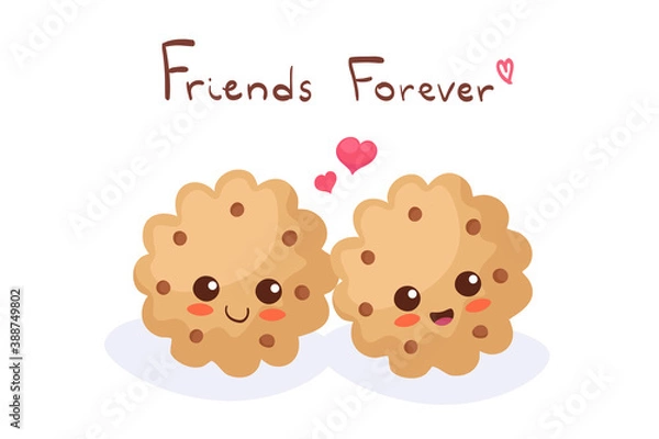 Fototapeta Cute stock vector illustration with Wheat Cookies. Kawaii happy smiling food characters isolated on white with lettering. Funny dessert doodle. Use for t-shirt print, kids menu design, greeting card.