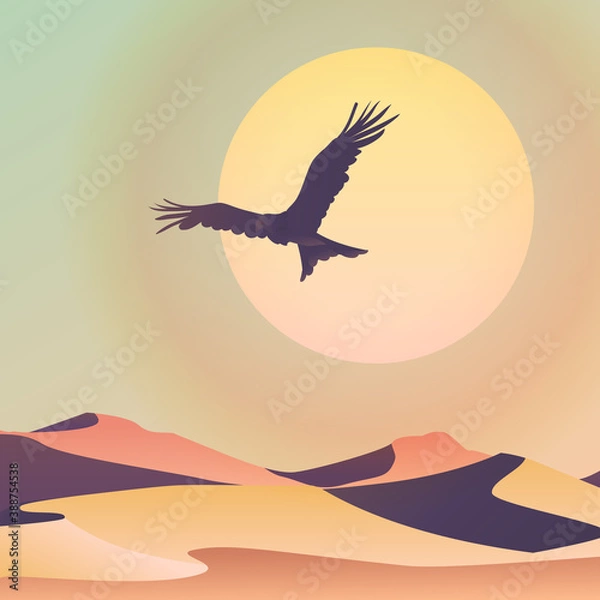 Fototapeta A large bird of prey flies over the dunes. The sun behind the bird the landscape tropical countries. Desert sand. Color minimalistic stylized image in vector.