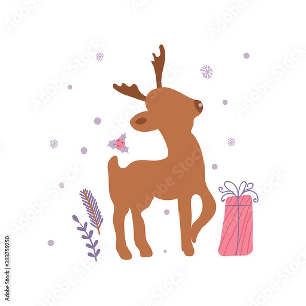 Fototapeta Christmas minimalistic card with reindeer and ball. Vector illustration with winter motif isolated on white background