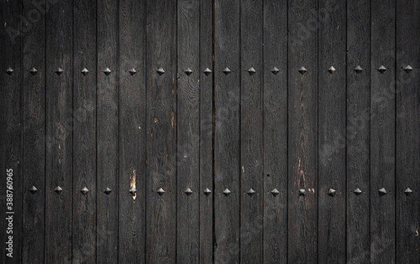 Fototapeta Dark gray weathered wooden door with rivets, vertical lines and space for text