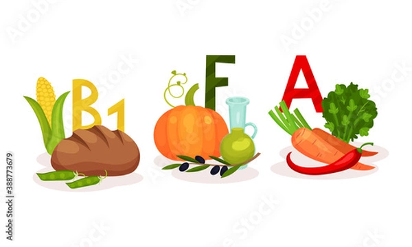 Obraz Different Food Grouped by Vitamin as Healthy Nutrition Vector Set