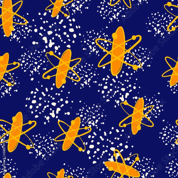 Fototapeta Random seamless bright pattern with prange molecule formula elements. Navy blue background with white splashes.