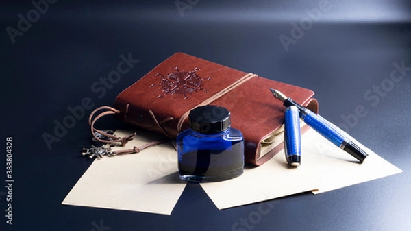 Obraz pluma azul sobre libro marron